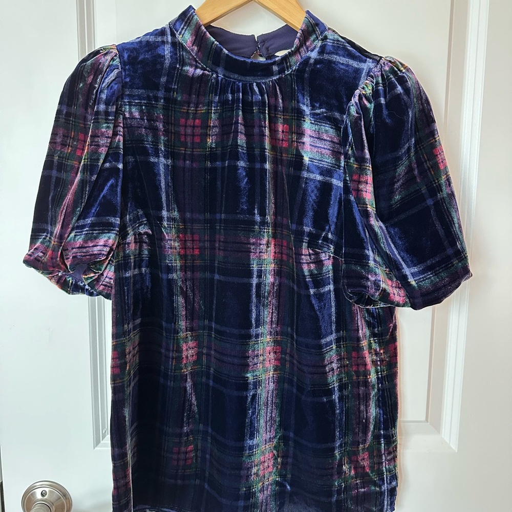 Boden Navy Holiday Plaid Velvet Top